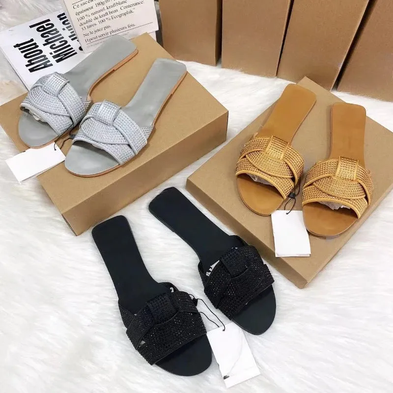ADVBRIDGE  -  Designer Summer Flat Women's Slippers Shining Diamond Decoration Open Toe Beach Shoes Outdoor Walk Ladies Slides