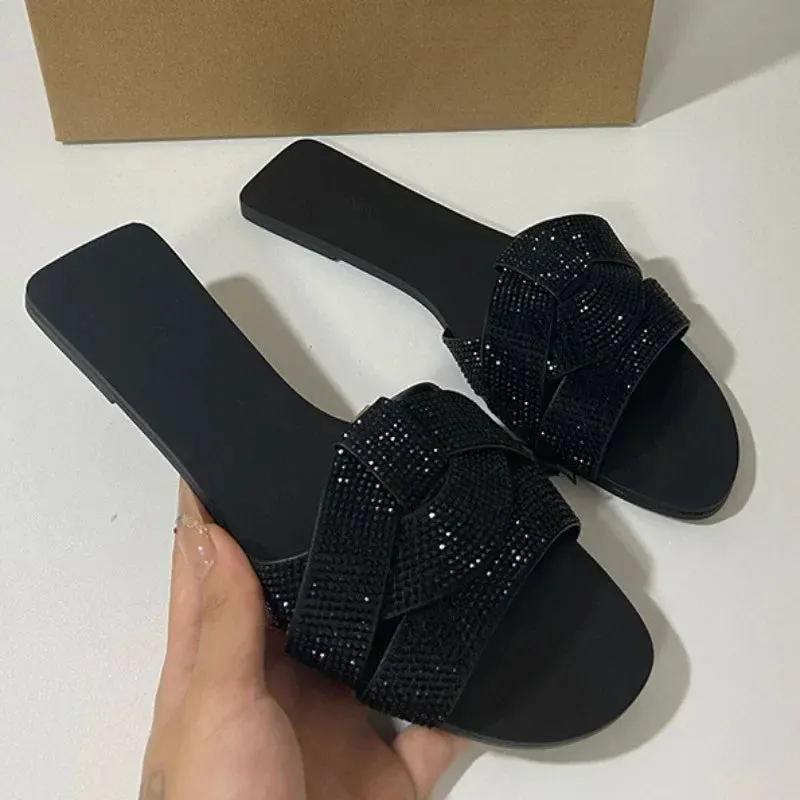 ADVBRIDGE  -  Designer Summer Flat Women's Slippers Shining Diamond Decoration Open Toe Beach Shoes Outdoor Walk Ladies Slides