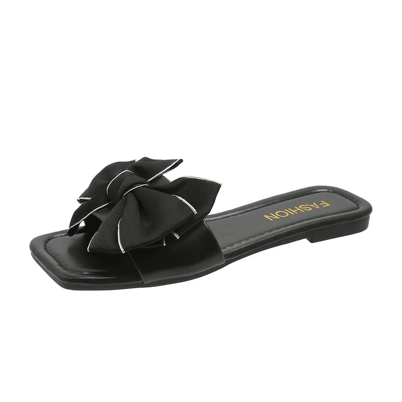 Aphixta Butterfly Knot Summer Beach Shoes Flat With Heel Slippers Women Sweet Bow Mulers Outside Sandals Square Toe Slipper