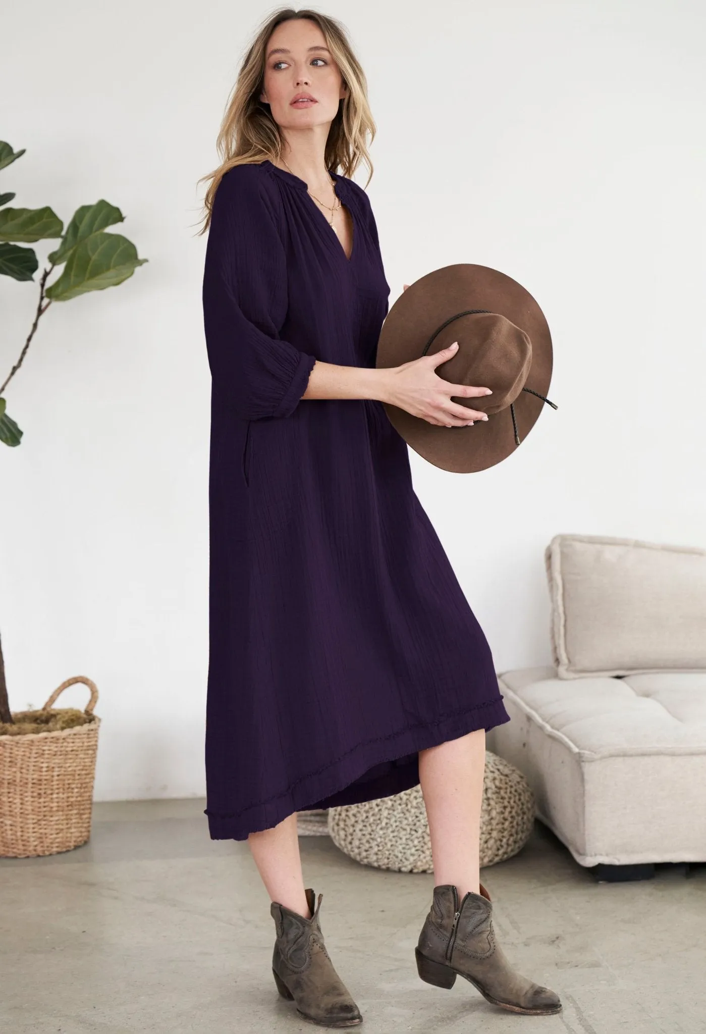 Aubergine Cotton Gauze Dress with Pockets
