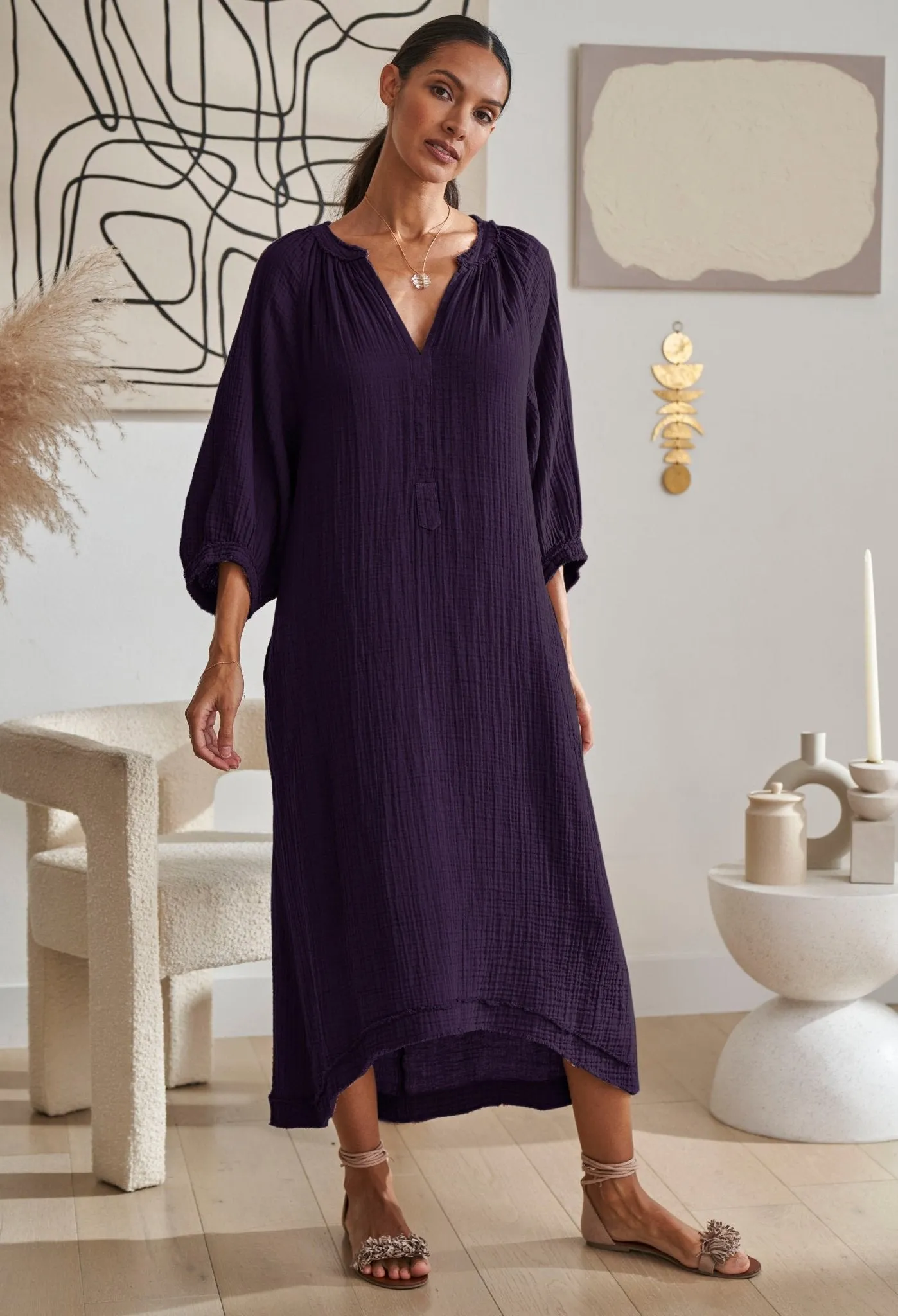 Aubergine Cotton Gauze Dress with Pockets