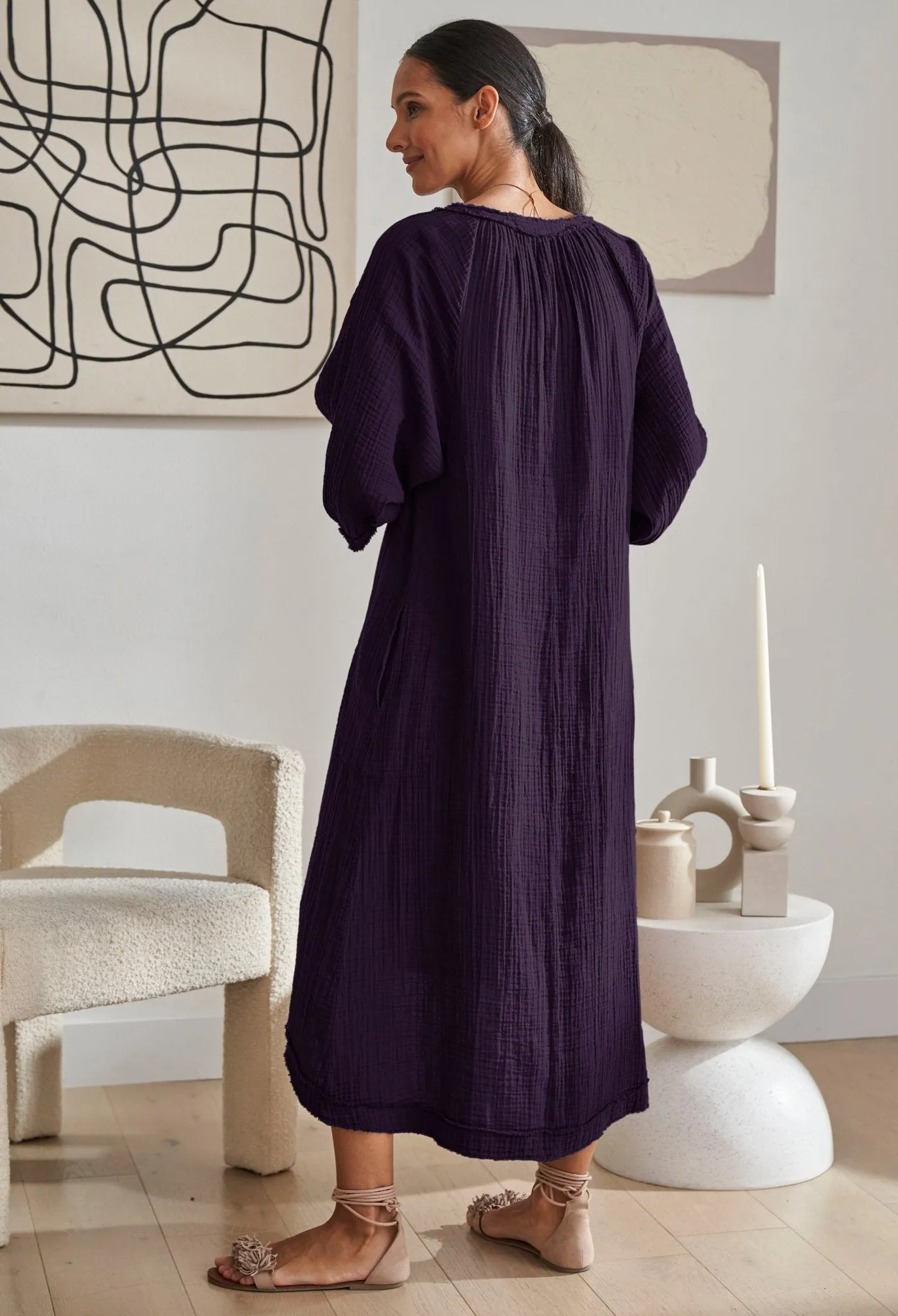 Aubergine Cotton Gauze Dress with Pockets
