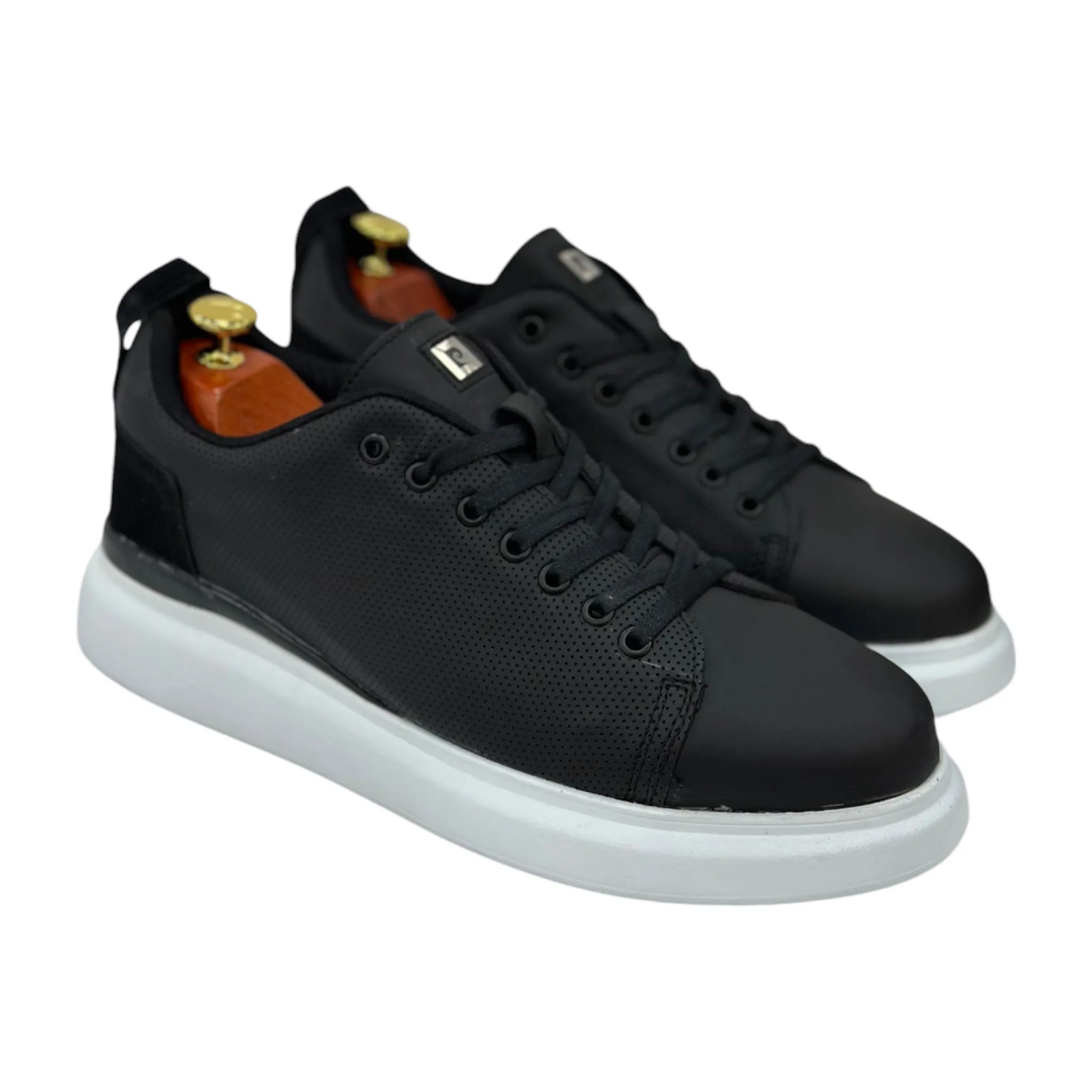 Black Casual Sneakers-White Rubber Bottom-Black on Black Lace-92234