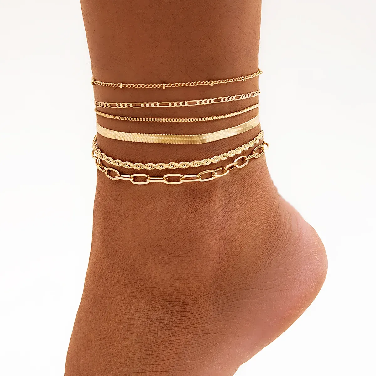 Bohemian Twisted Flat Snake Chain Anklet Set Summer Beach Jewelry