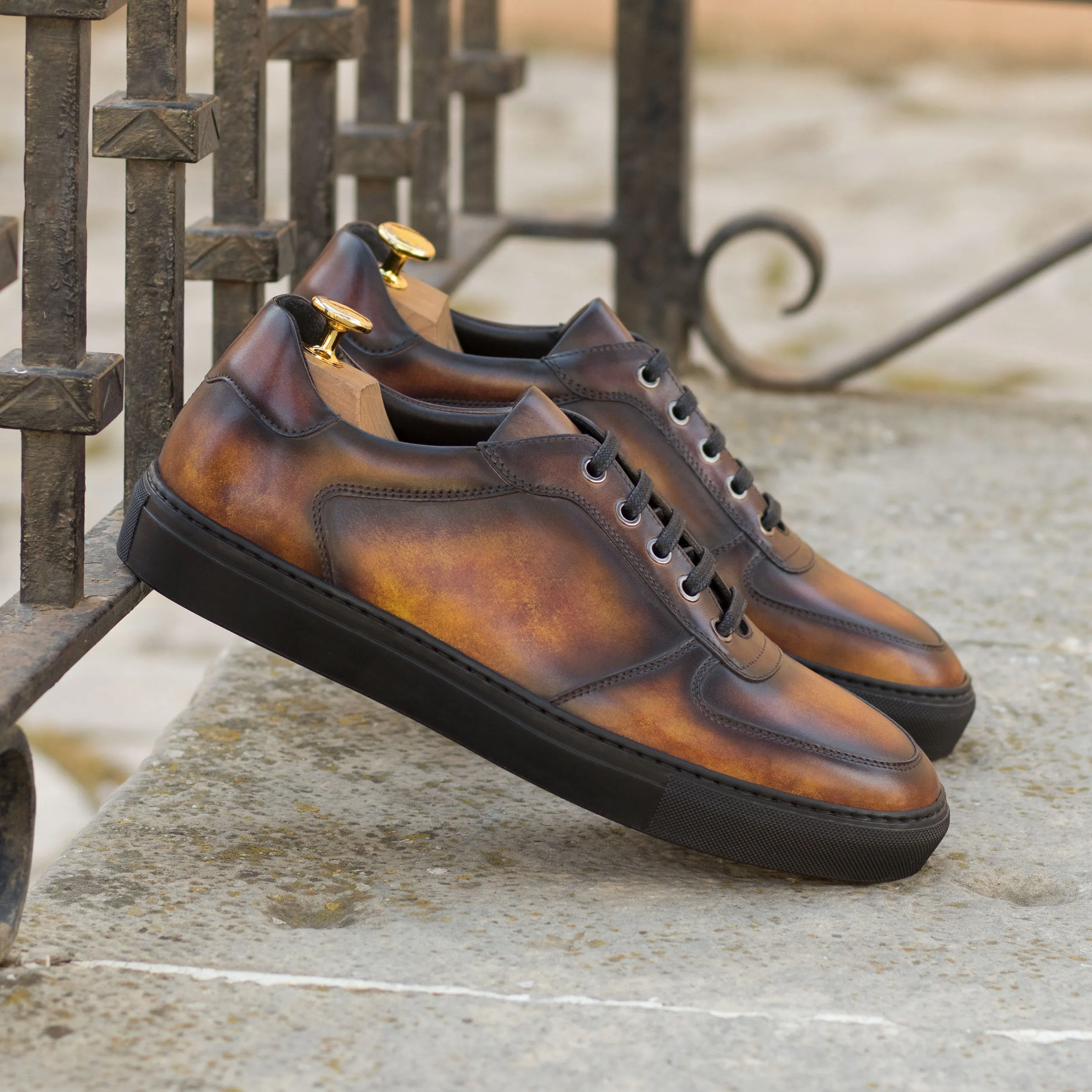 Brown Patina Leather Low-Top Sneakers