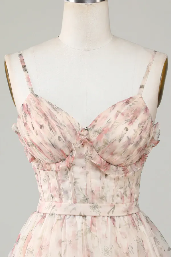 Champagne A Line Corset Floral Short Homecoming Dress APH0285
