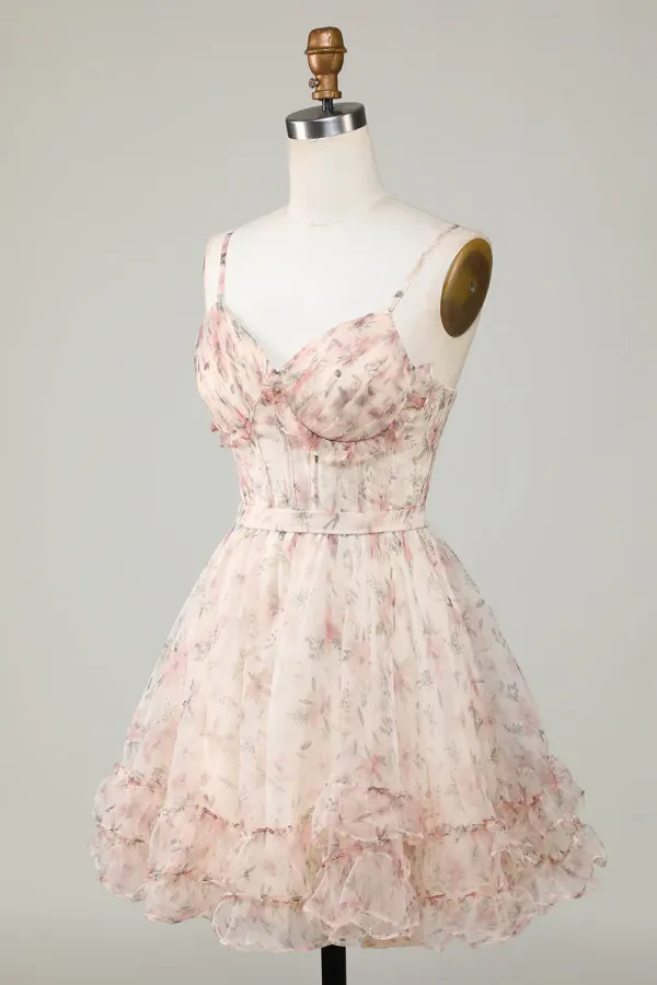 Champagne A Line Corset Floral Short Homecoming Dress APH0285