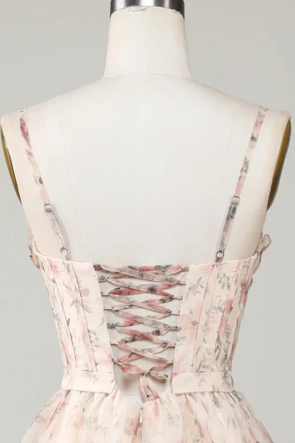 Champagne A Line Corset Floral Short Homecoming Dress APH0285