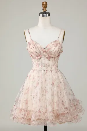 Champagne A Line Corset Floral Short Homecoming Dress APH0285