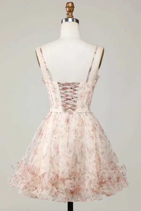 Champagne A Line Corset Floral Short Homecoming Dress APH0285