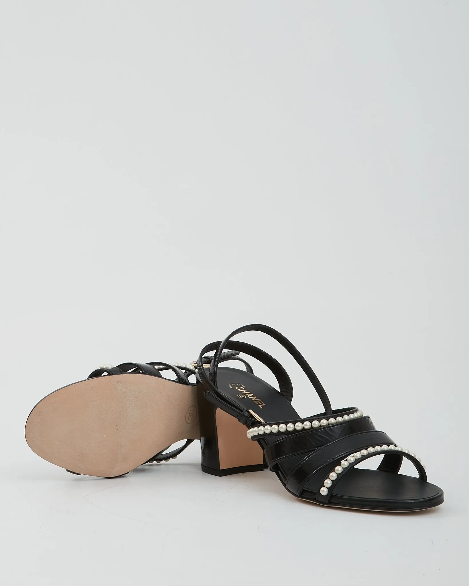 Chanel Black Leather With Pearls Strap Sandal Heel - 39.5