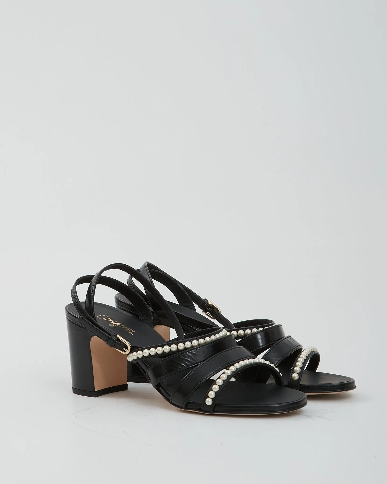 Chanel Black Leather With Pearls Strap Sandal Heel - 39.5