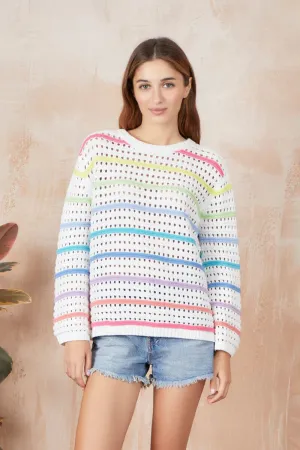 Cotton Multi-Color Pointelle Striped Sweater