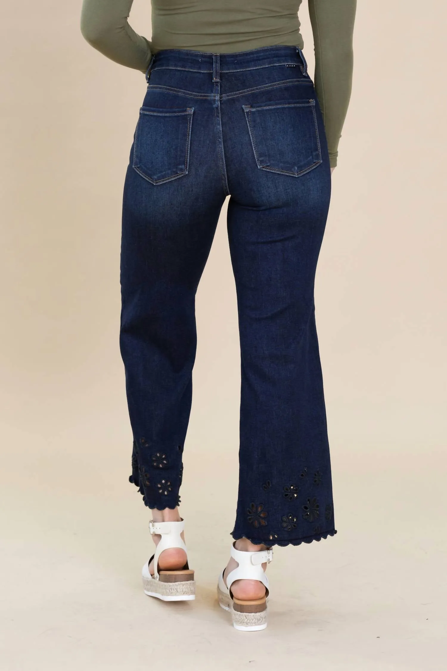 Crop Laser Cut Out Jeans In Dark Wash
