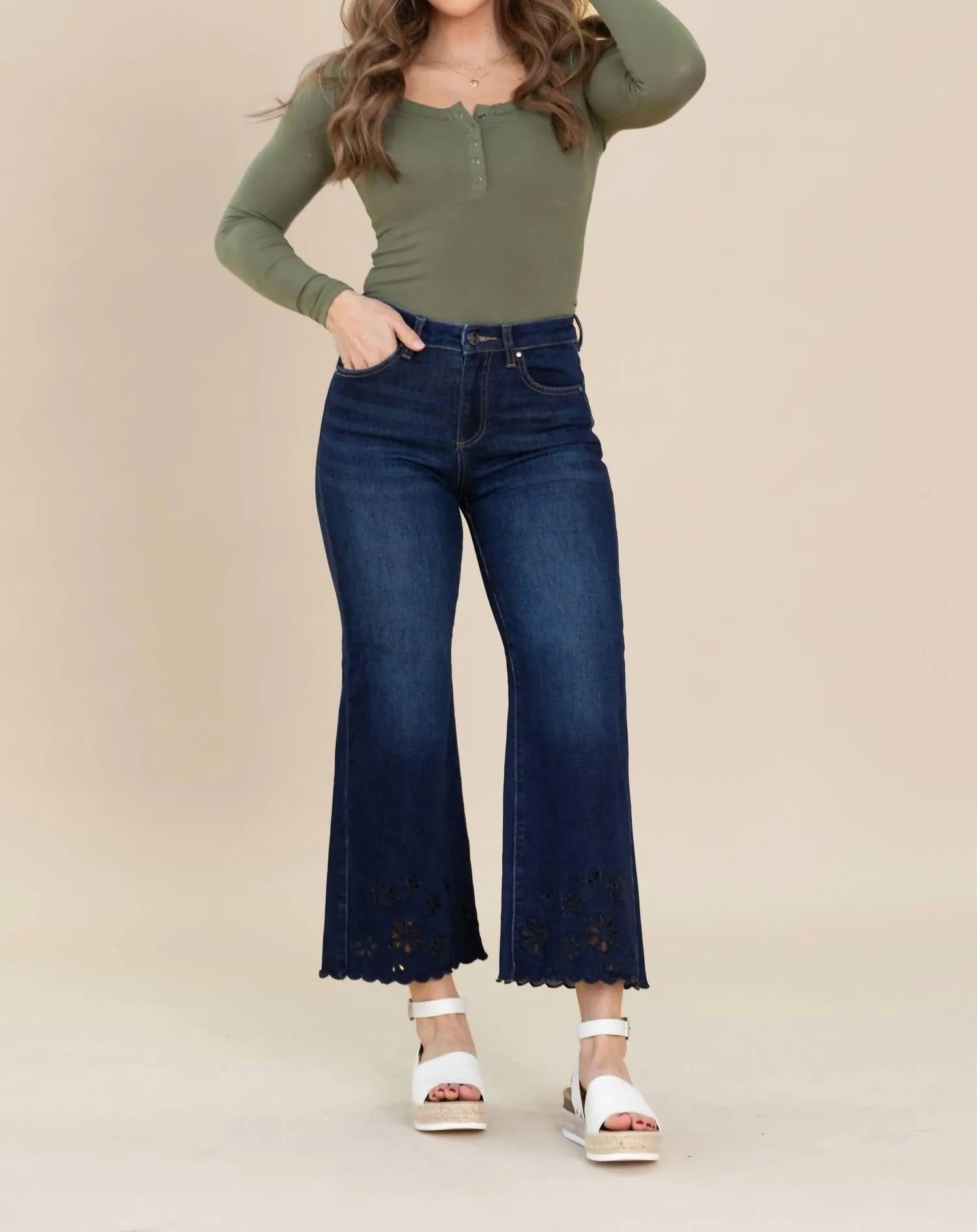 Crop Laser Cut Out Jeans In Dark Wash