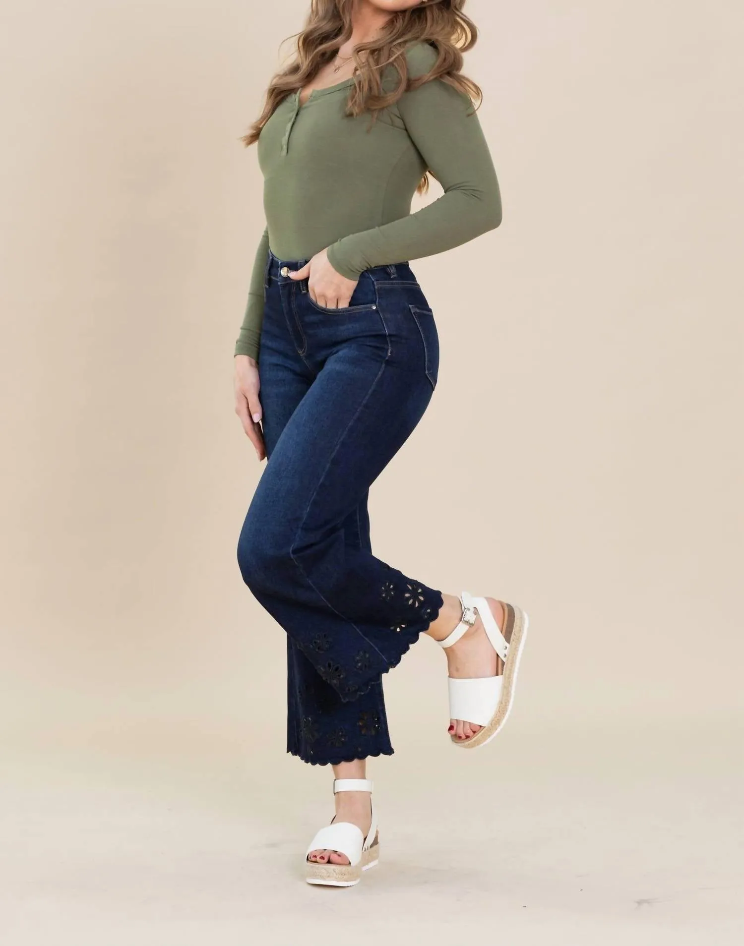 Crop Laser Cut Out Jeans In Dark Wash