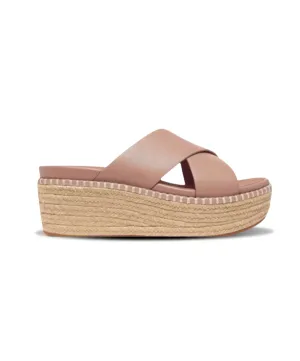 Fitflop Eloise Espadrille Leather Wedge Cross Slide Beige Buff