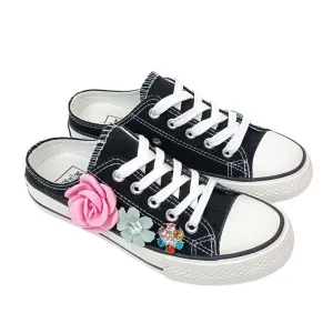 Flat-heel Casual Front Lace-up Floral Canvas Half Slippers