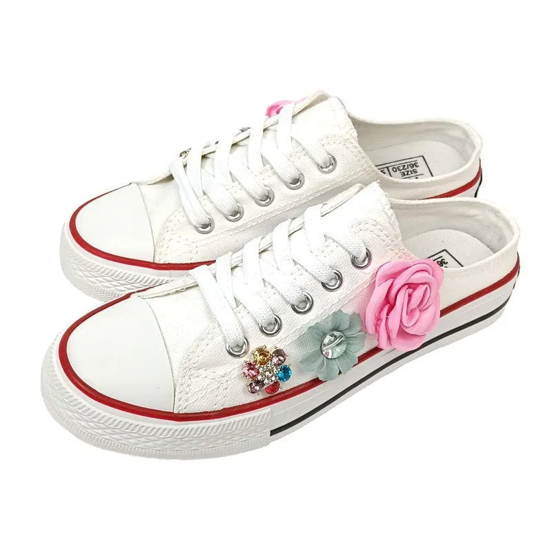 Flat-heel Casual Front Lace-up Floral Canvas Half Slippers