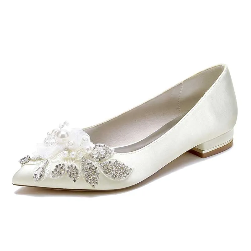 Flat Wedding Shoes Pointed Toe Flower Crystal Appliqued Bridal Shoes