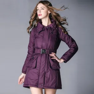 Fluffy cotton coats Winter England style was thin slim warm cotton coat parkas female thick longer hooded jacket with belt F152
