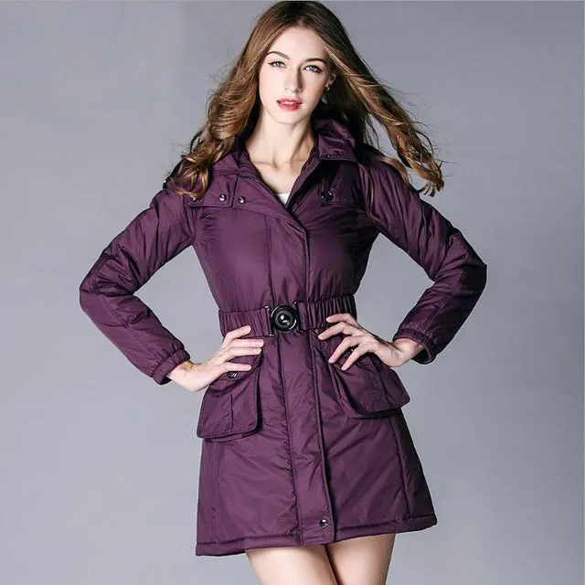 Fluffy cotton coats Winter England style was thin slim warm cotton coat parkas female thick longer hooded jacket with belt F152