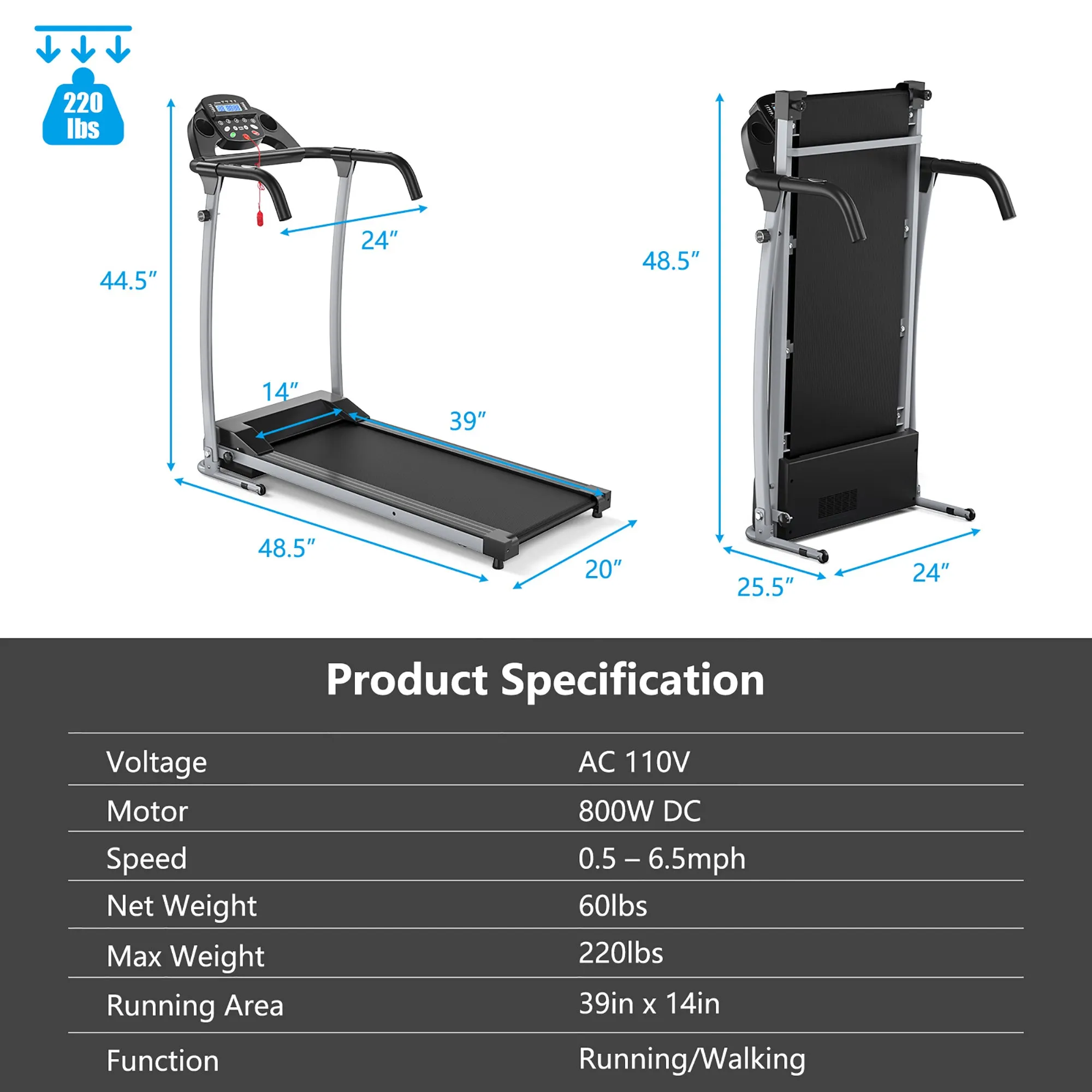 Folding Treadmill Electric /Support Motorized Power Running Fitness Machine
