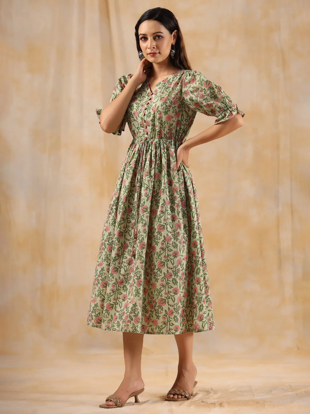 Green Ethnic Floral Printed Flared Dress