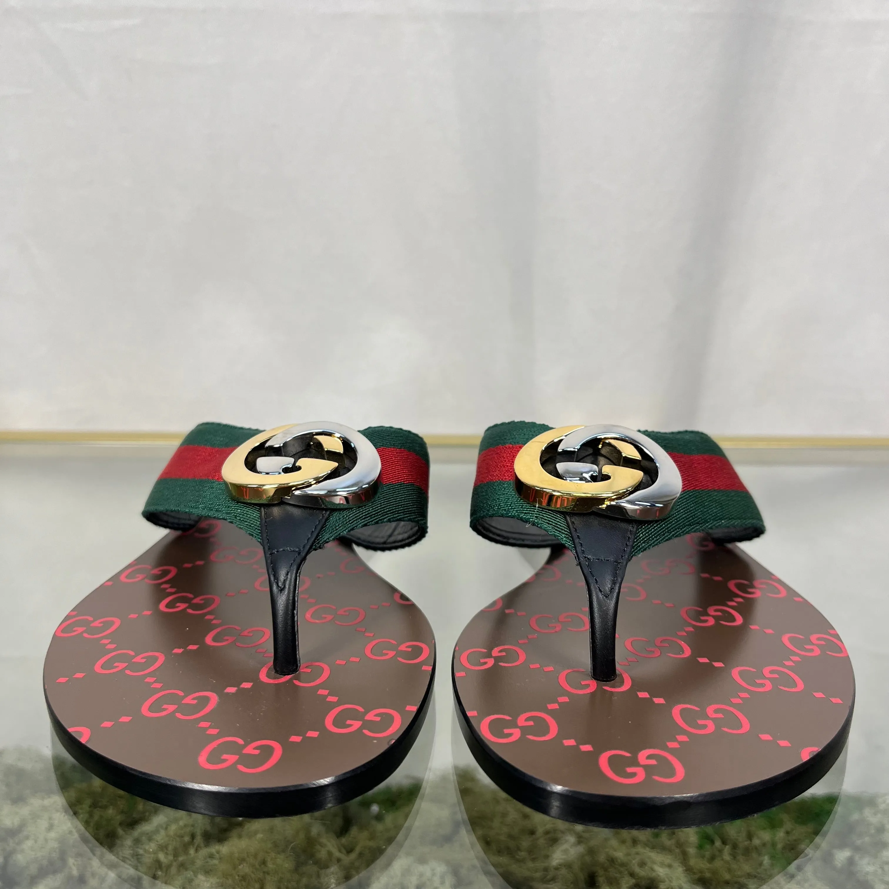 GUCCI Kika Canvas Stripe Thong Sandals SZ35