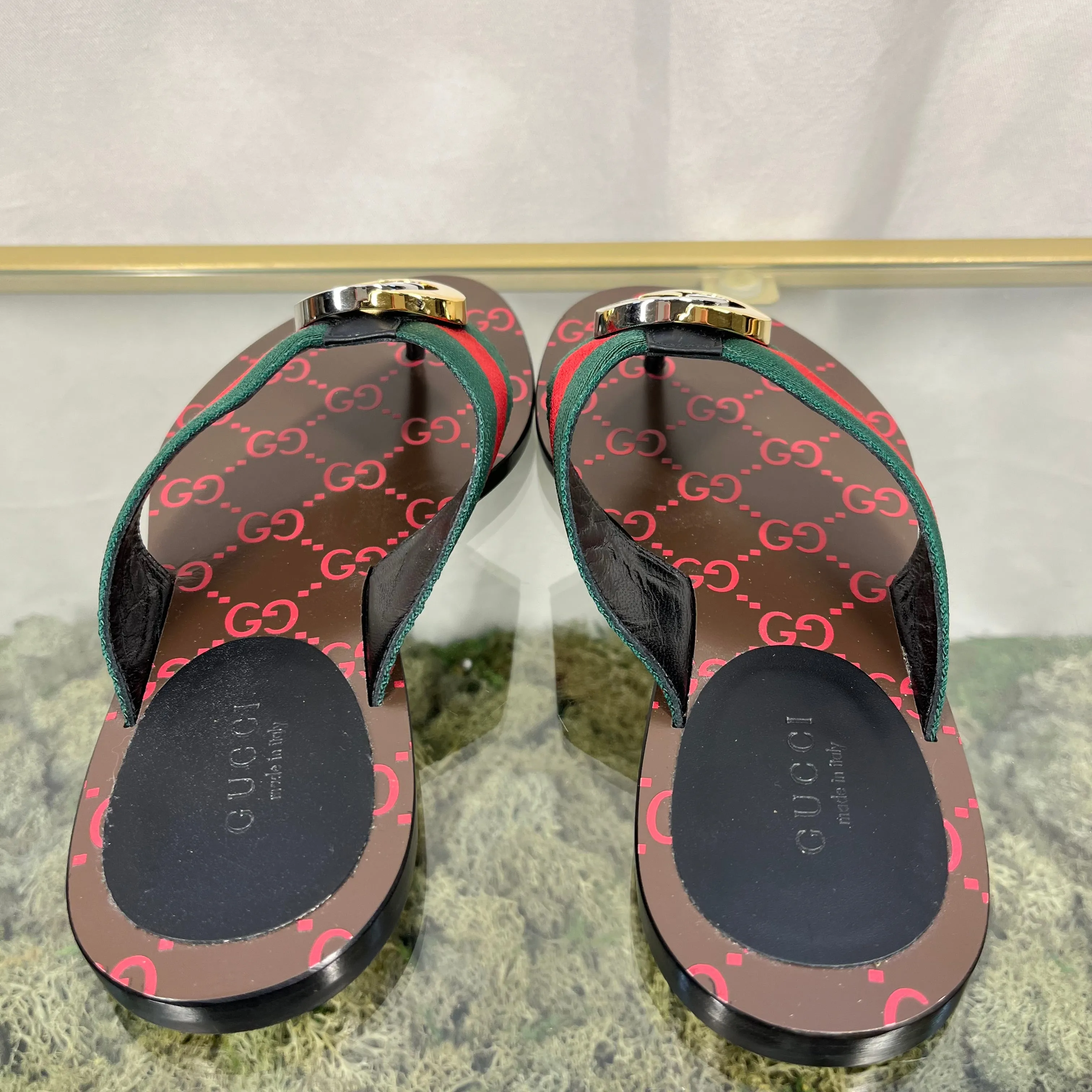 GUCCI Kika Canvas Stripe Thong Sandals SZ35