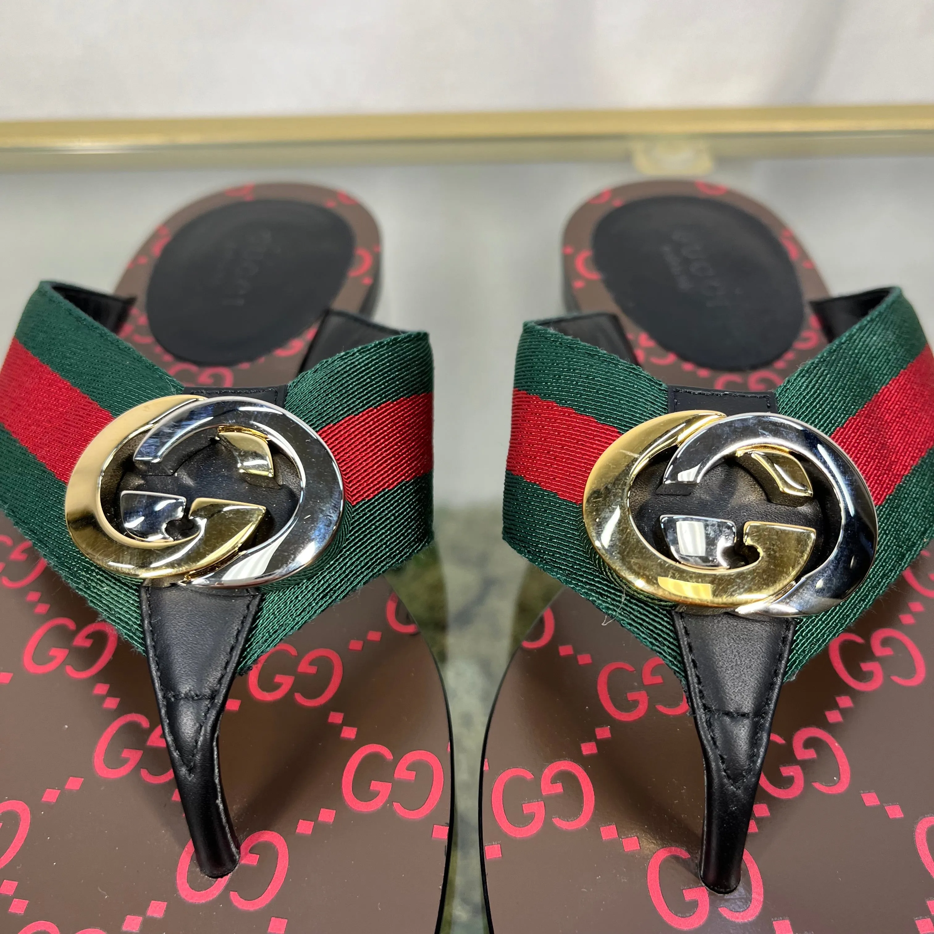 GUCCI Kika Canvas Stripe Thong Sandals SZ35