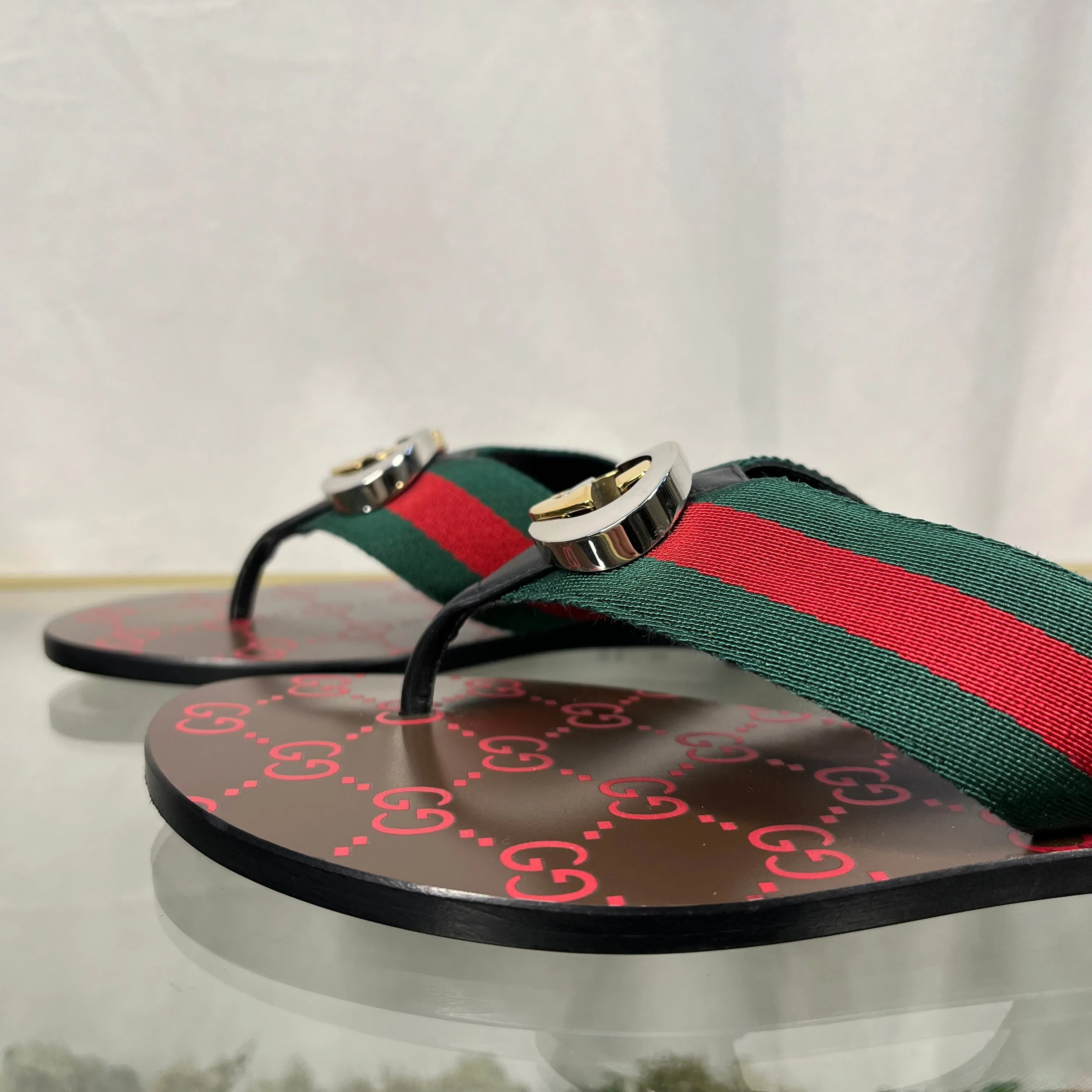 GUCCI Kika Canvas Stripe Thong Sandals SZ35