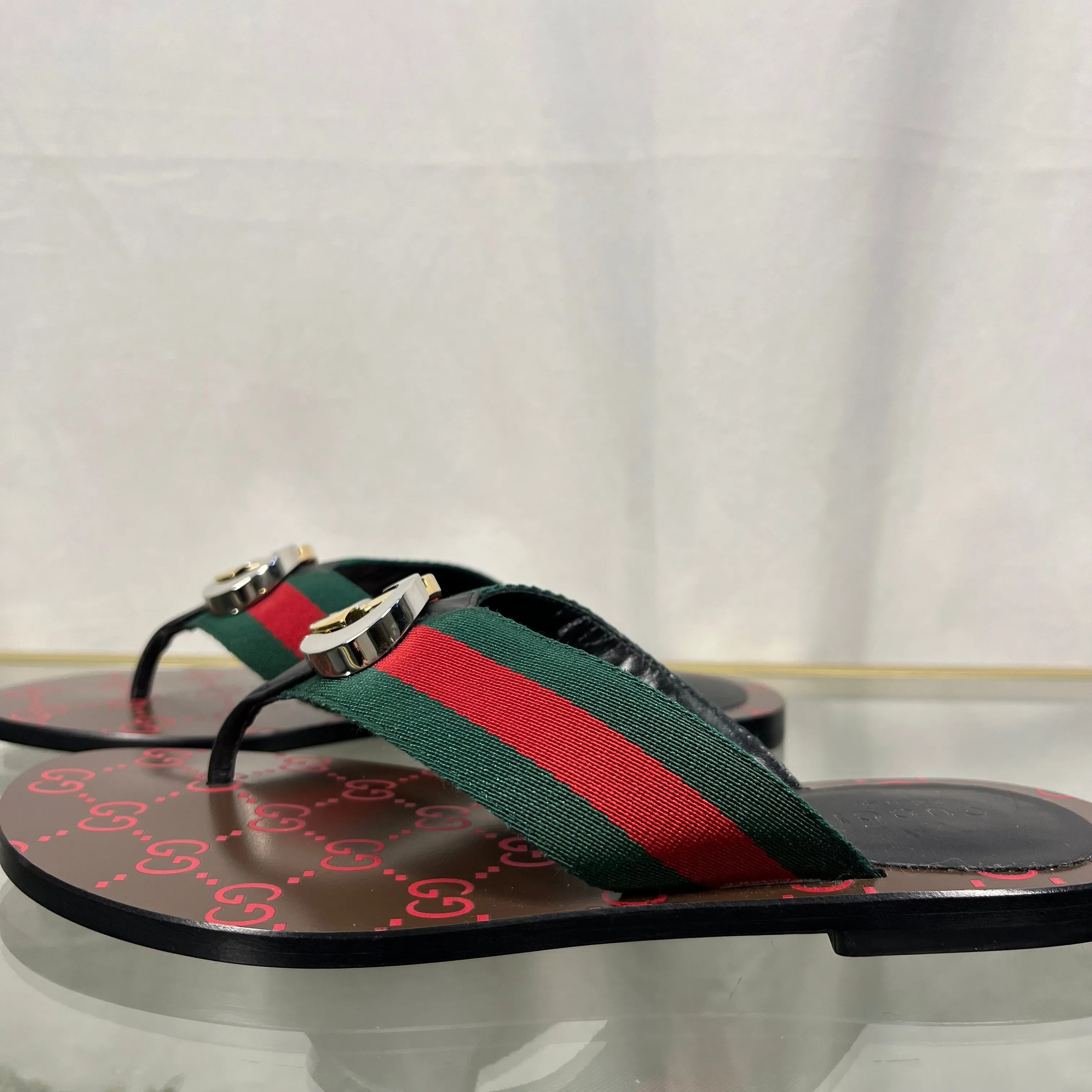 GUCCI Kika Canvas Stripe Thong Sandals SZ35