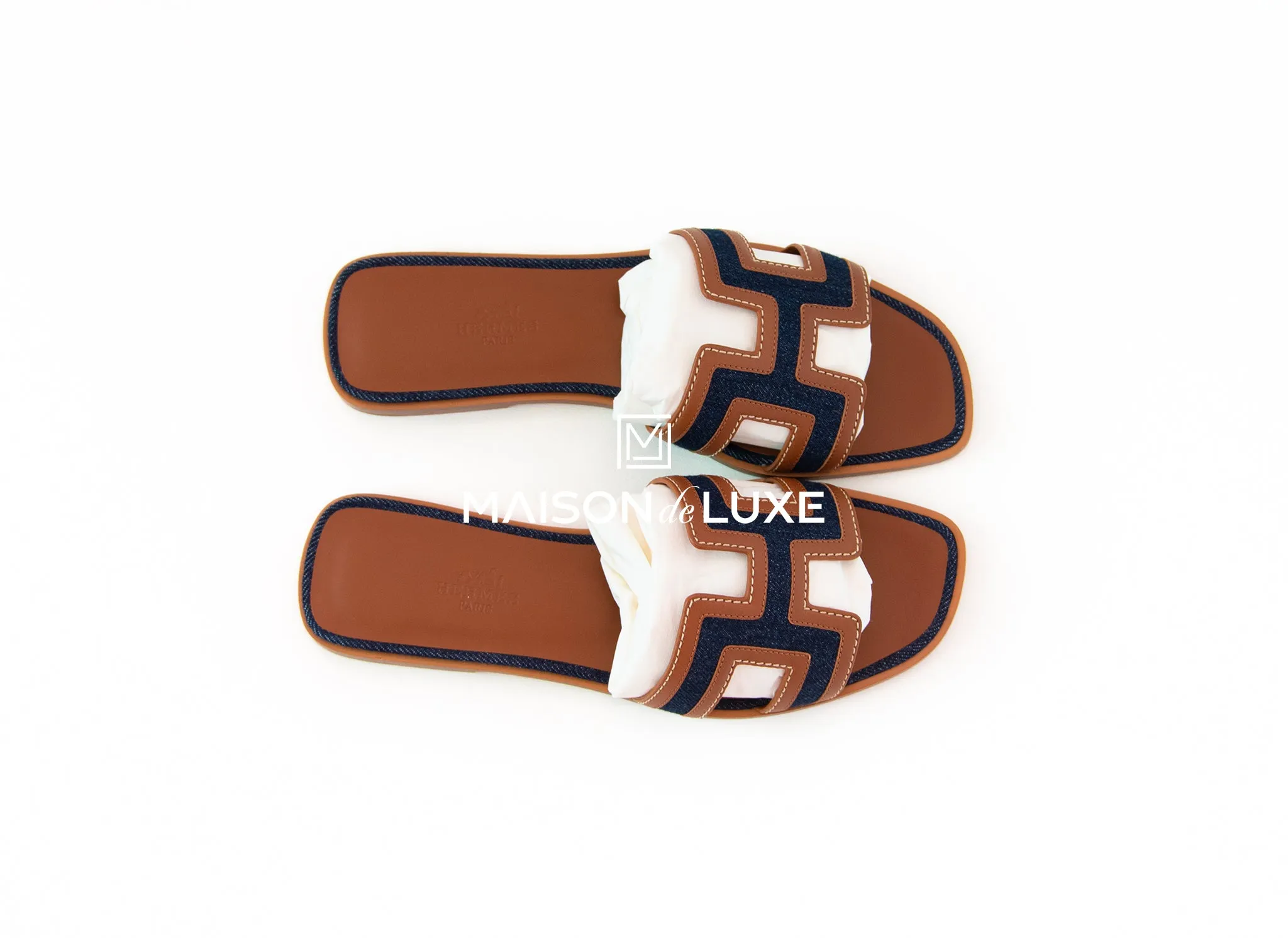 Hermes Women's Canvas Denim Blue Brut / Gold Oran Sandal 37