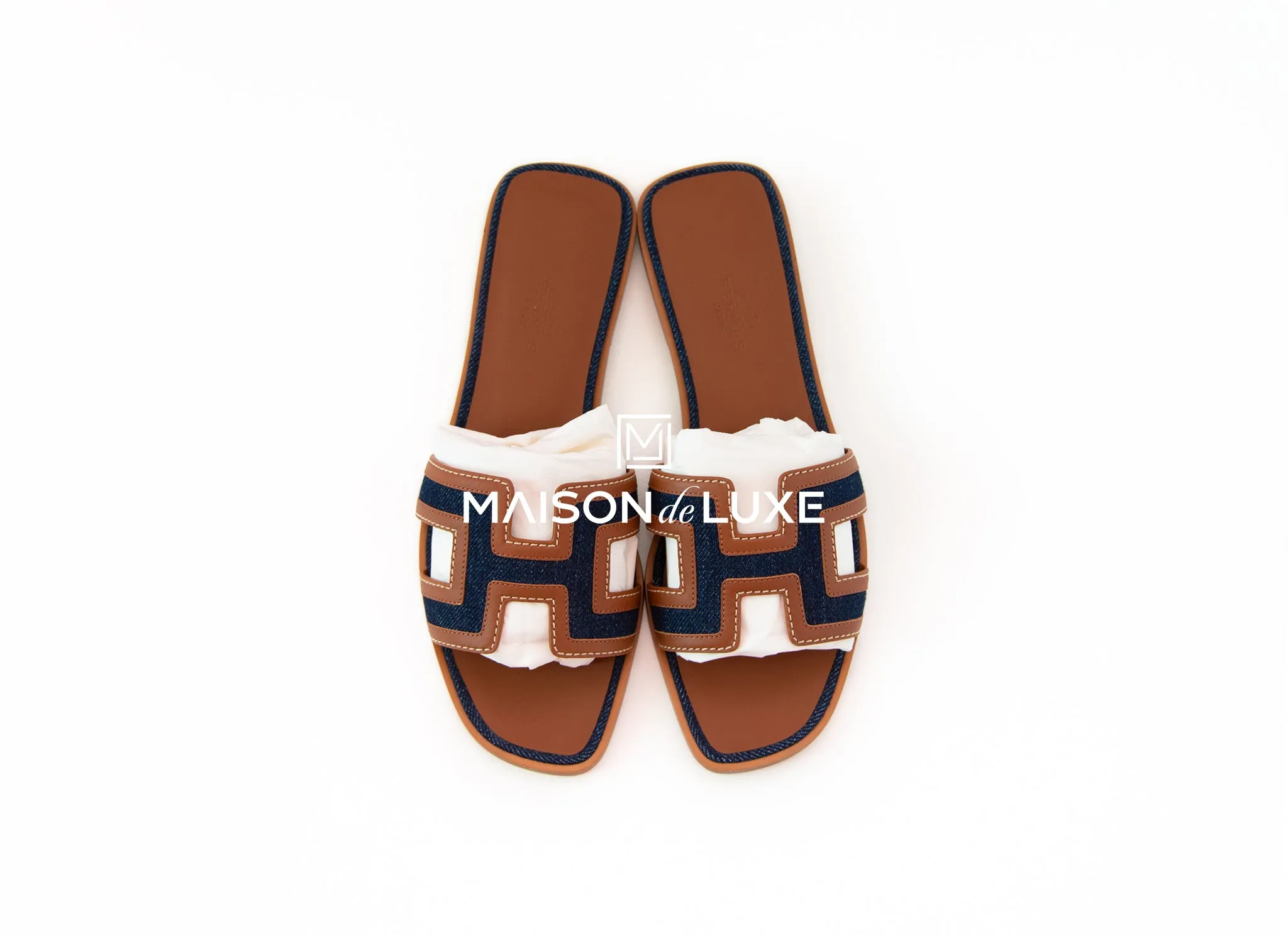 Hermes Women's Canvas Denim Blue Brut / Gold Oran Sandal 37
