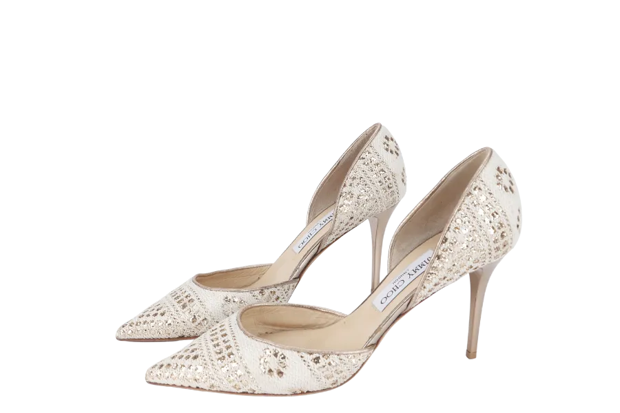 JIMMY CHOO LACE POINTED TOE PUMPS BEIGE SIZE 39.5