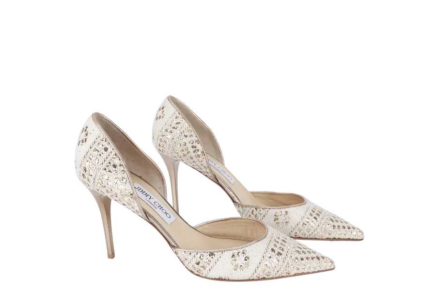 JIMMY CHOO LACE POINTED TOE PUMPS BEIGE SIZE 39.5