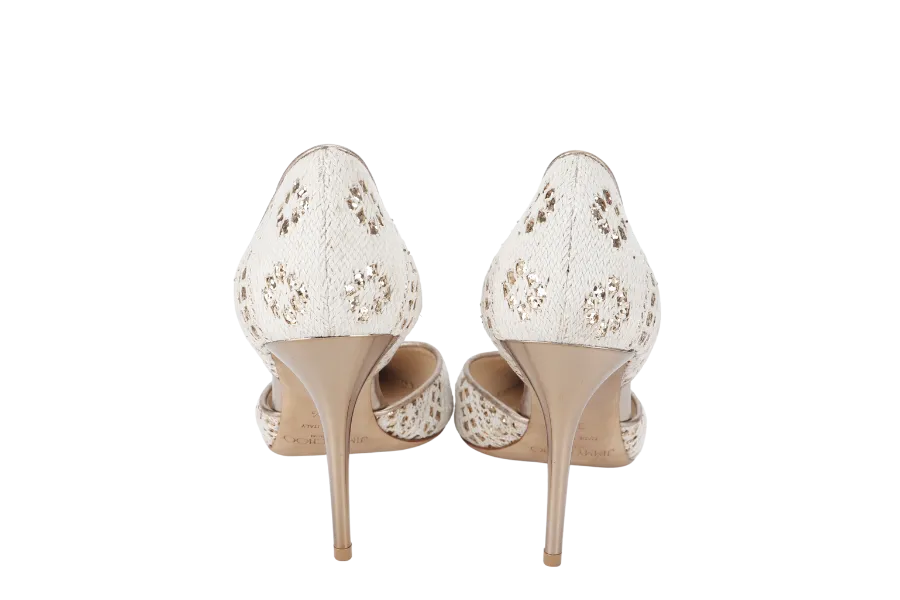 JIMMY CHOO LACE POINTED TOE PUMPS BEIGE SIZE 39.5