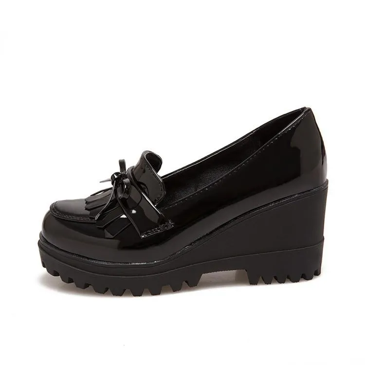 Lady Tassel Patent Leather High-heeled Woman Platform Wedges Shoe