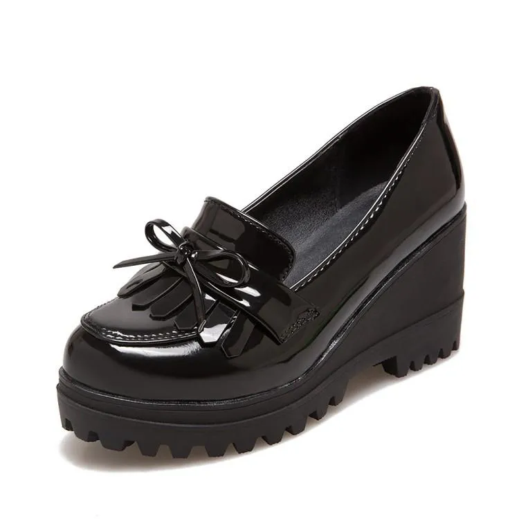 Lady Tassel Patent Leather High-heeled Woman Platform Wedges Shoe