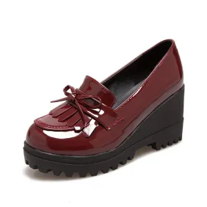 Lady Tassel Patent Leather High-heeled Woman Platform Wedges Shoe