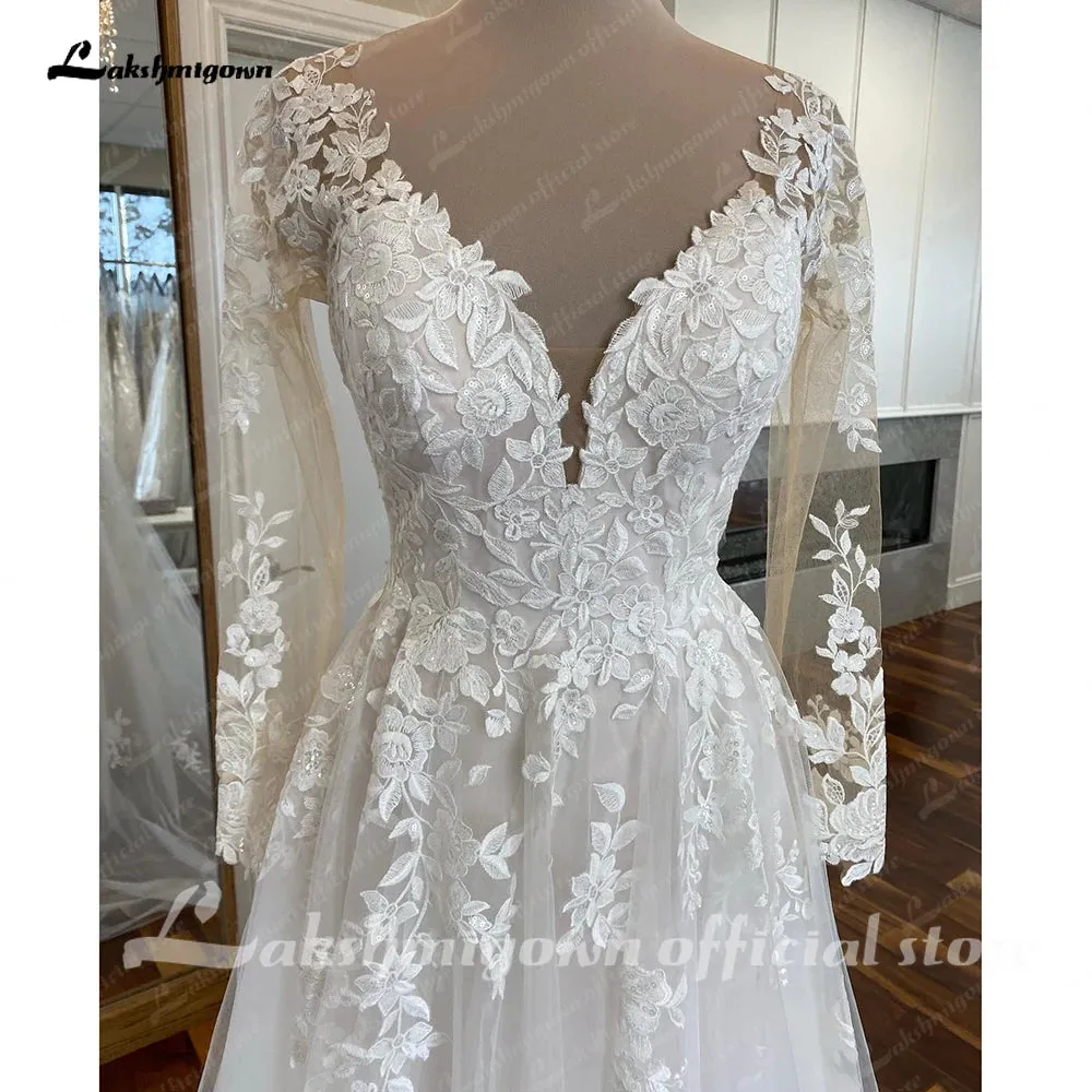 Lakshmigown A-Line V-Neck Long Sleeves Wedding Dress for Beach Bead Appliques Backless Sweep Train Party Dresses for Wedding