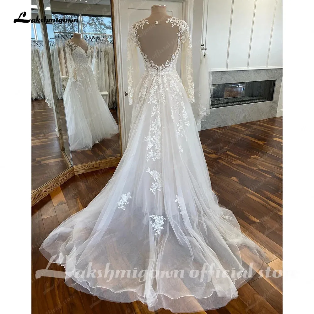 Lakshmigown A-Line V-Neck Long Sleeves Wedding Dress for Beach Bead Appliques Backless Sweep Train Party Dresses for Wedding