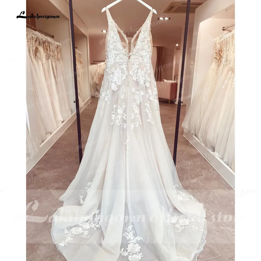 Lakshmigown Bohemian Wedding Dresses V-Neck Appliques Lace A-Line Beach Princes Wedding Bridal Gown 2024 Plus Size