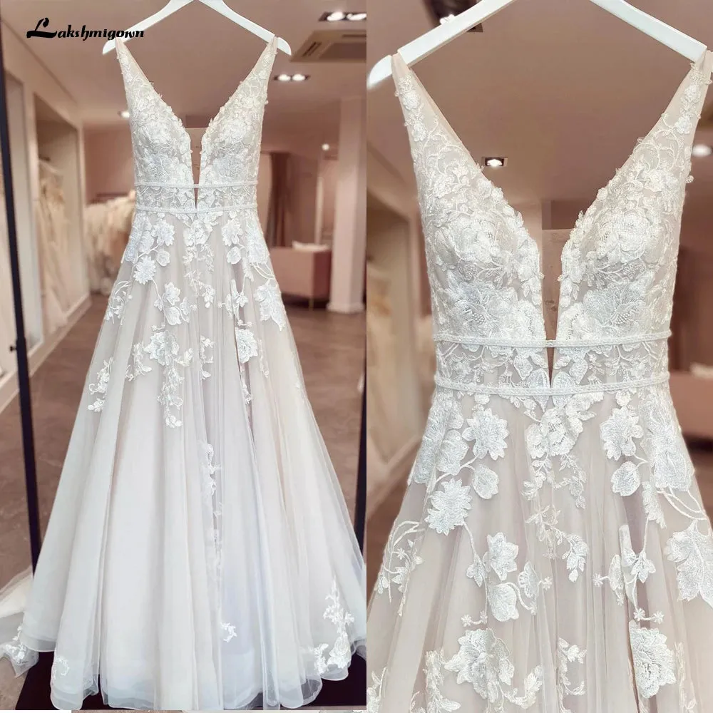 Lakshmigown Bohemian Wedding Dresses V-Neck Appliques Lace A-Line Beach Princes Wedding Bridal Gown 2024 Plus Size