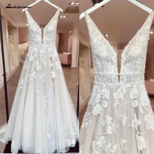 Lakshmigown Bohemian Wedding Dresses V-Neck Appliques Lace A-Line Beach Princes Wedding Bridal Gown 2024 Plus Size