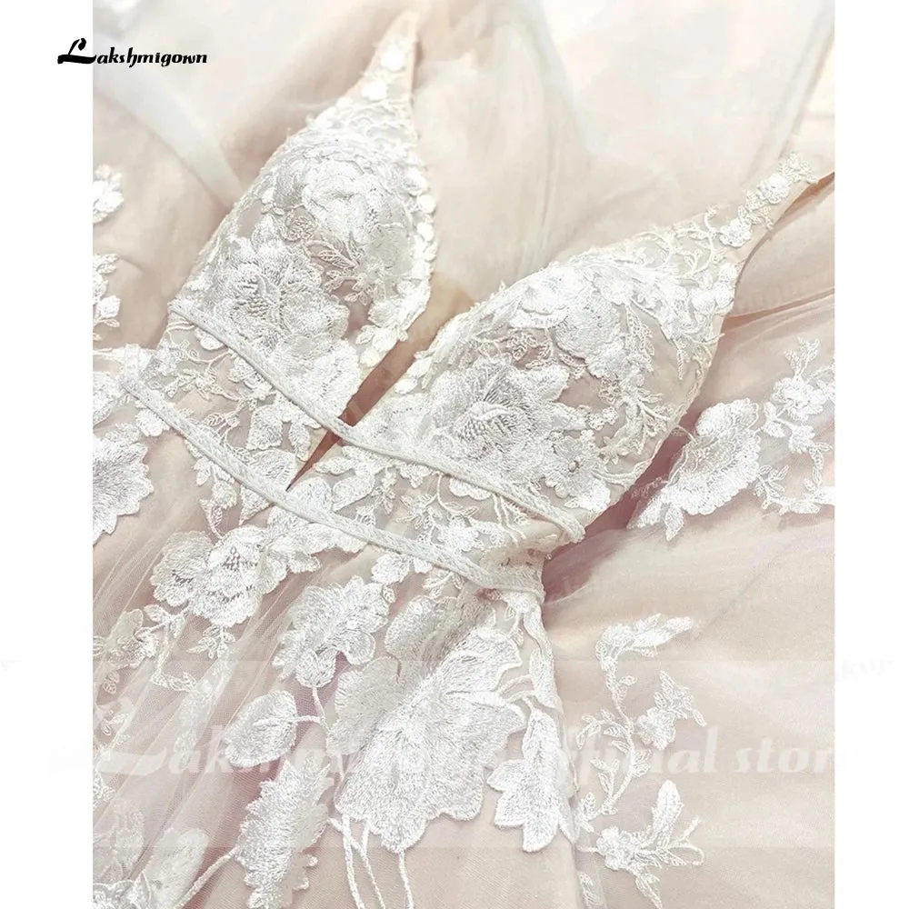 Lakshmigown Bohemian Wedding Dresses V-Neck Appliques Lace A-Line Beach Princes Wedding Bridal Gown 2024 Plus Size