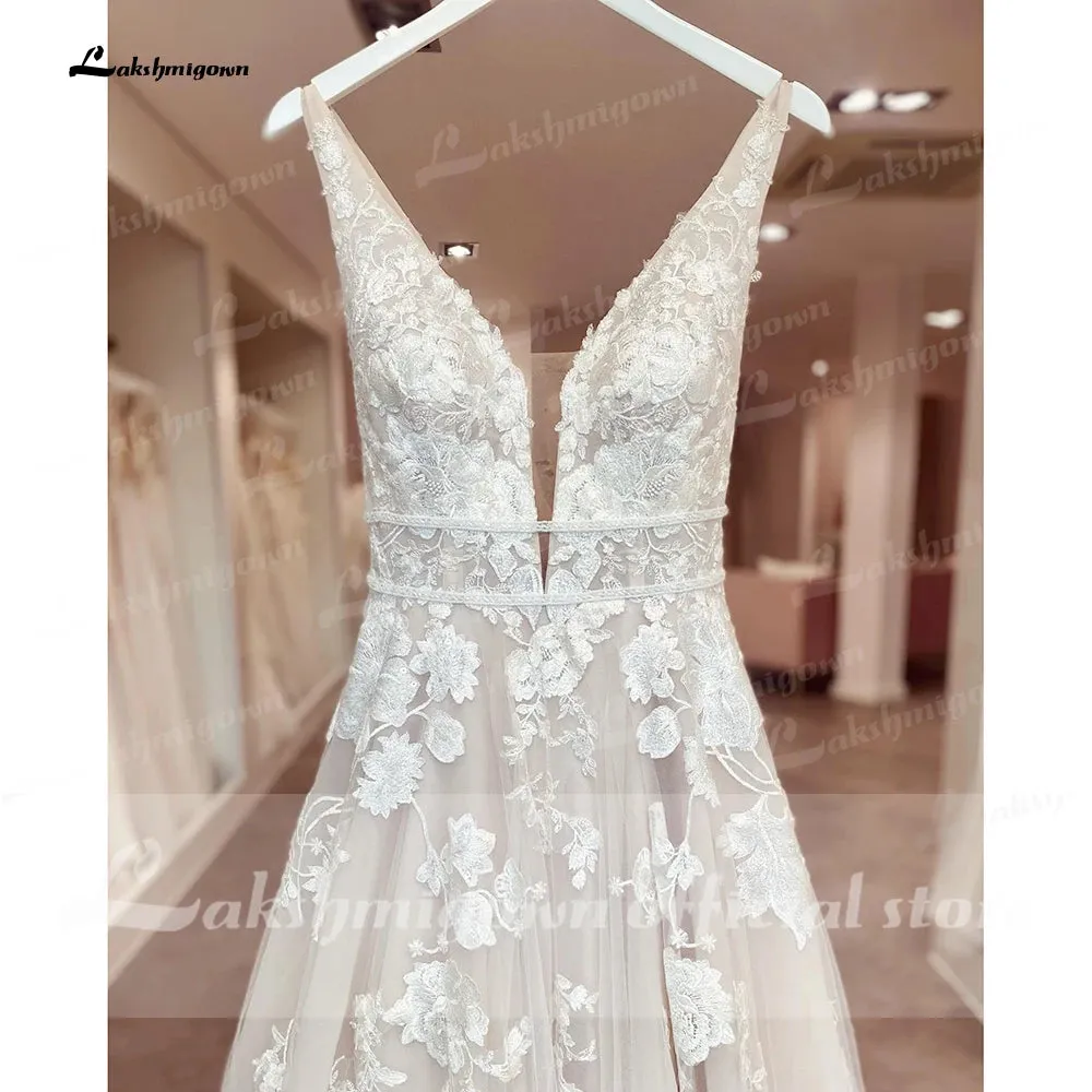 Lakshmigown Bohemian Wedding Dresses V-Neck Appliques Lace A-Line Beach Princes Wedding Bridal Gown 2024 Plus Size