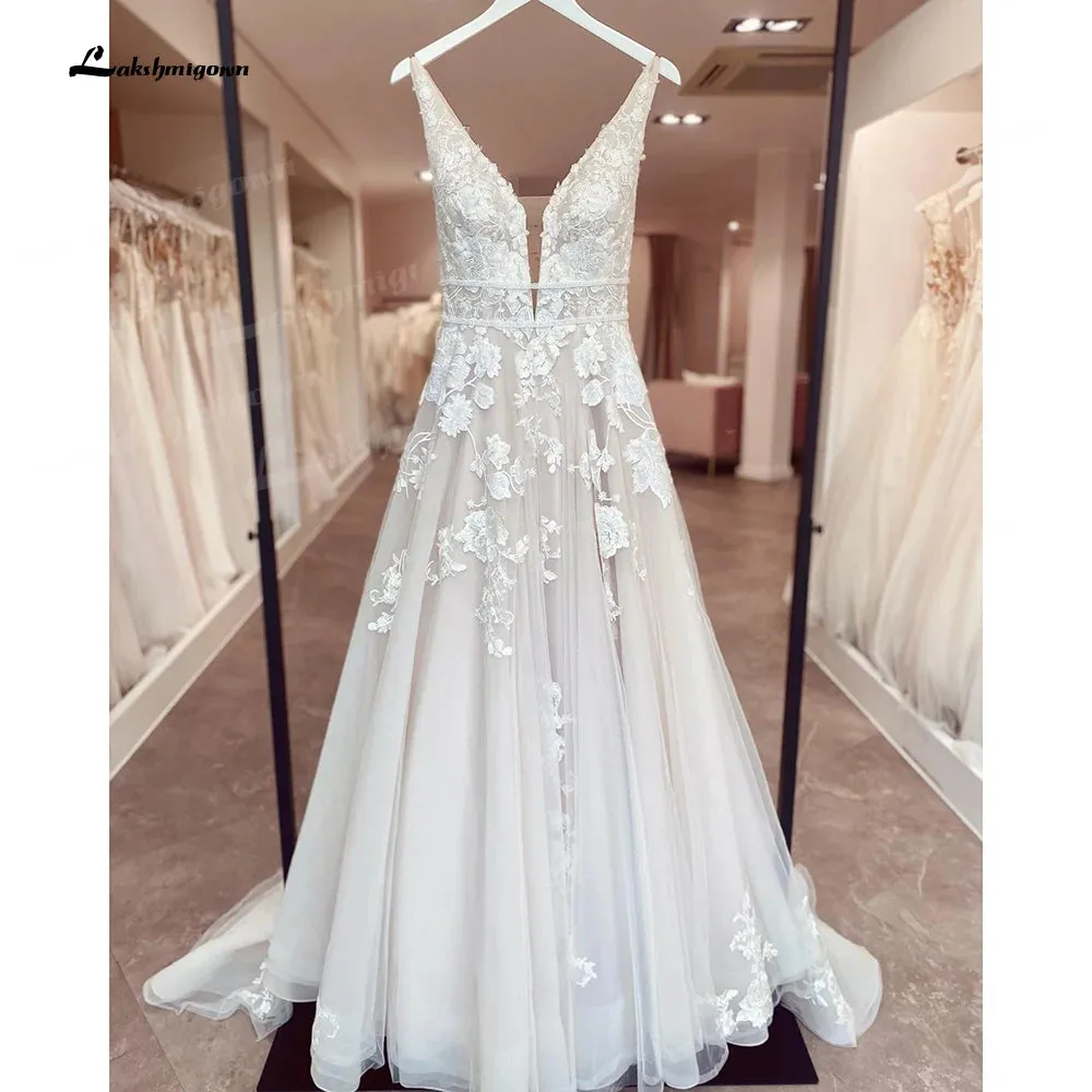 Lakshmigown Bohemian Wedding Dresses V-Neck Appliques Lace A-Line Beach Princes Wedding Bridal Gown 2024 Plus Size