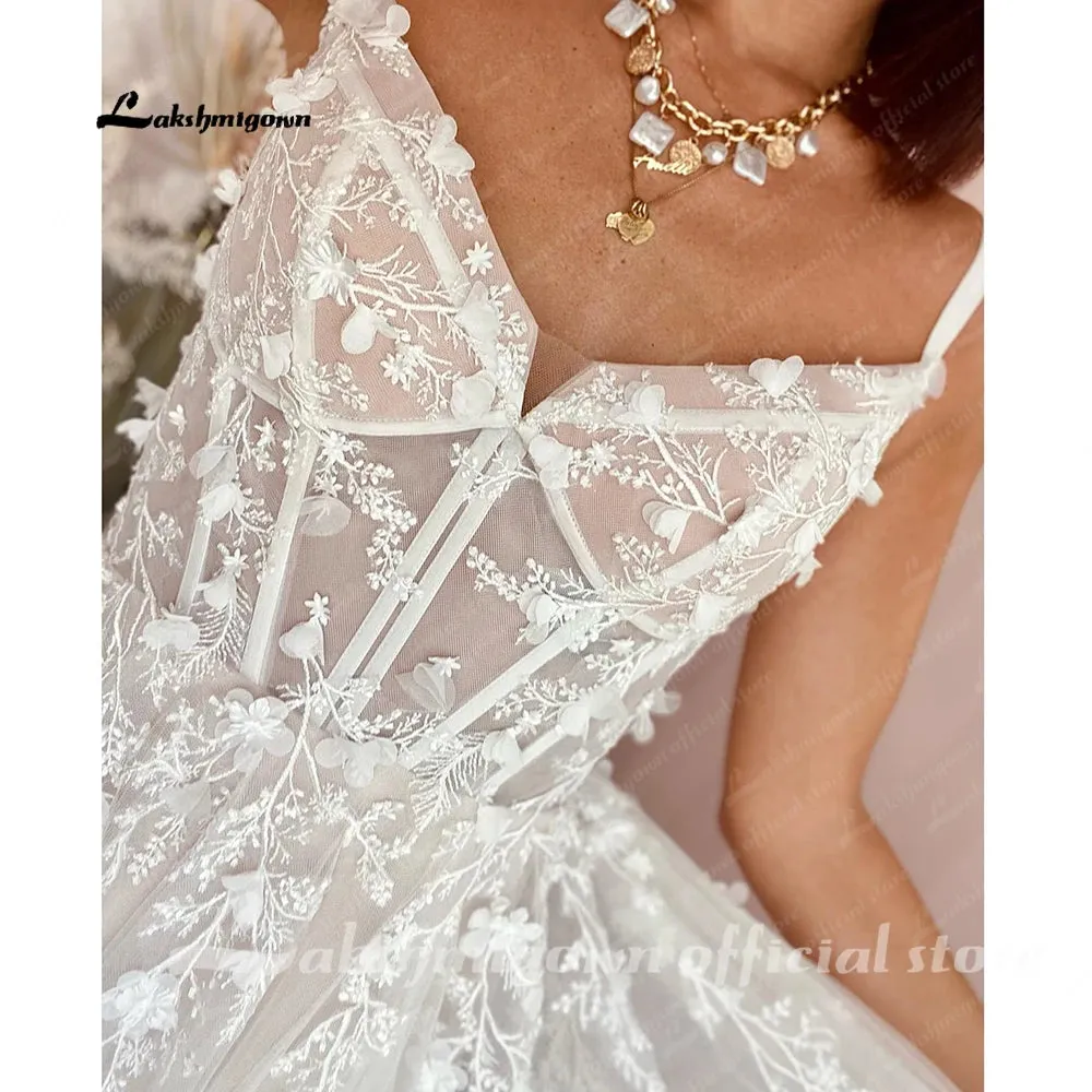 Lakshmigown Boho Wedding Dress Lace Applqiues Floral Beading Backless Spaghetti Straps Bridal Gowns estido de noiva praiano
